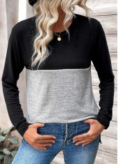 Black Patchwork Long Sleeve Round Neck T Shirt | thumb picture 