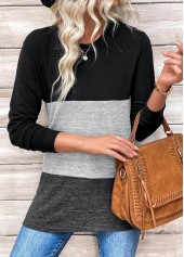 Black Patchwork Long Sleeve Round Neck T Shirt | thumb picture 