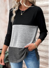 Black Patchwork Long Sleeve Round Neck T Shirt