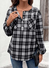 Black Button Plaid Long Sleeve Round Neck Blouse | thumb picture 