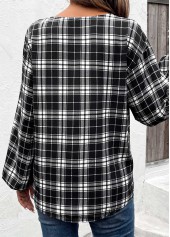 Black Button Plaid Long Sleeve Round Neck Blouse | thumb picture 
