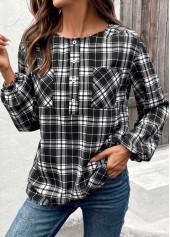Black Button Plaid Long Sleeve Round Neck Blouse