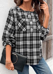 Black Button Plaid Long Sleeve Round Neck Blouse | thumb picture 