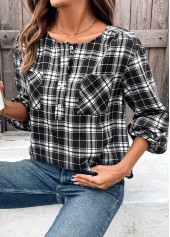Black Button Plaid Long Sleeve Round Neck Blouse | thumb picture 