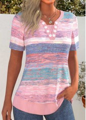 Pink Patchwork Striped Short Sleeve Split Neck T Shirt | thumb picture 