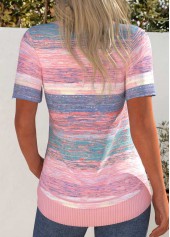 Pink Patchwork Striped Short Sleeve Split Neck T Shirt | thumb picture 