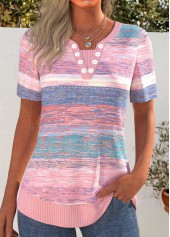 Pink Patchwork Striped Short Sleeve Split Neck T Shirt