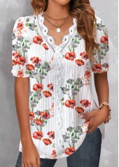 White Patchwork Floral Print Short Sleeve T Shirt