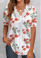 White Patchwork Floral Print Short Sleeve T Shirt