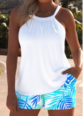 Ruched Tropical Plants Print White Tankini Set