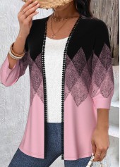 Black Embroidery Geometric Print 3/4 Sleeve Light Cardigan