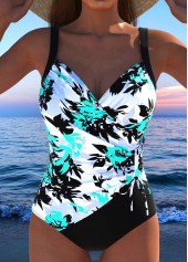 Drawstring Floral Print Cyan One Piece Swimwear