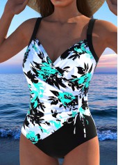 Drawstring Floral Print Cyan One Piece Swimwear | thumb picture 