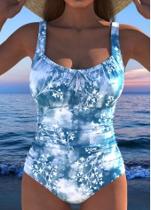 Bowknot Floral Print Dusty Blue One Piece Swimwear