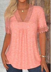 Pink Patchwork Short Sleeve V Neck T Shirt