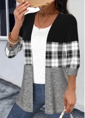 Black Patchwork Plaid 3/4 Sleeve Round Neck Light Cardigan