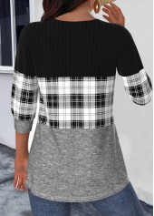 Black Patchwork Plaid 3/4 Sleeve Round Neck Light Cardigan | thumb picture 