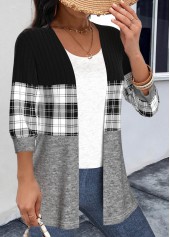 Black Patchwork Plaid 3/4 Sleeve Round Neck Light Cardigan | thumb picture 