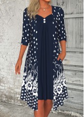 Navy Button Floral Print A Line 3/4 Sleeve Dress