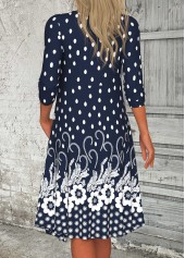 Navy Button Floral Print A Line 3/4 Sleeve Dress | thumb picture 