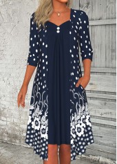 Navy Button Floral Print A Line 3/4 Sleeve Dress | thumb picture 