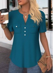 Peacock Blue Button Short Sleeve Split Neck Blouse