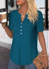 Peacock Blue Button Short Sleeve Split Neck Blouse | thumb picture 
