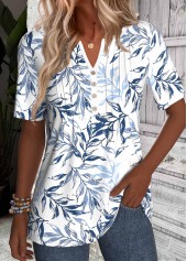 White Tummy Coverage Leaf Print Short Sleeve T Shirt