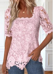 Pink Lace Half Sleeve Square Neck Blouse