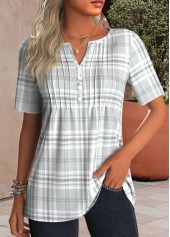 Grey Tuck Stitch Plaid Short Sleeve T Shirt