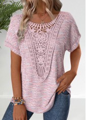 Pink Embroidery Short Sleeve V Neck T Shirt