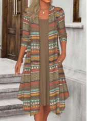 Dark Camel Fake 2in1 Tribal Print A Line Dress