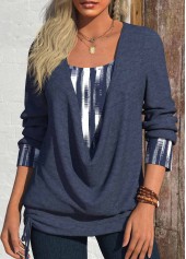 Navy Fake 2in1 Geometric Print Long Sleeve T Shirt