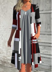 Deep Red Patchwork Geometric Print A Line Dress | thumb picture 