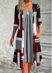 Deep Red Patchwork Geometric Print A Line Dress