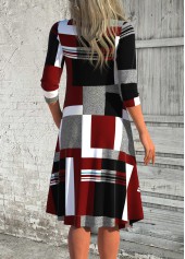 Deep Red Patchwork Geometric Print A Line Dress | thumb picture 