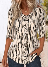 Light Camel Ruffle Tie Dye Print 3/4 Sleeve Blouse