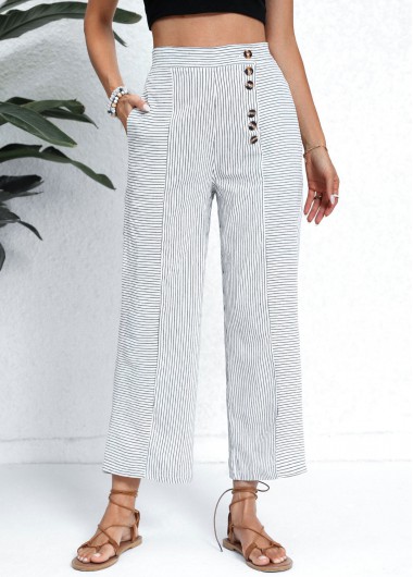 women clothes image of White Pocket Striped Button Fly High Waisted Pants
