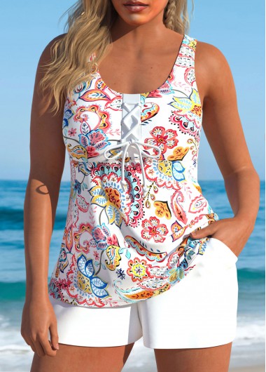 women clothes image of Lace Up Paisley Print White Tankini Set