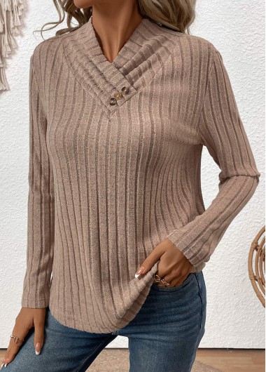 women clothes image of Gray Brown Surplice Long Sleeve T Shirt
