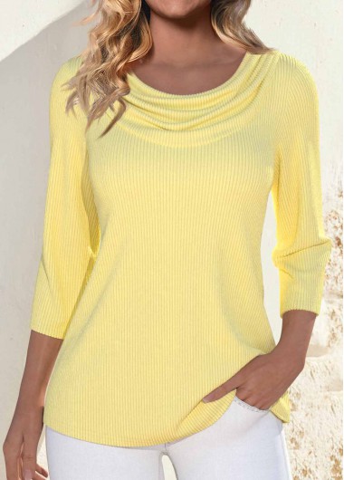 women clothes image of Light Yellow 3/4 Sleeve Draped Neck T Shirt