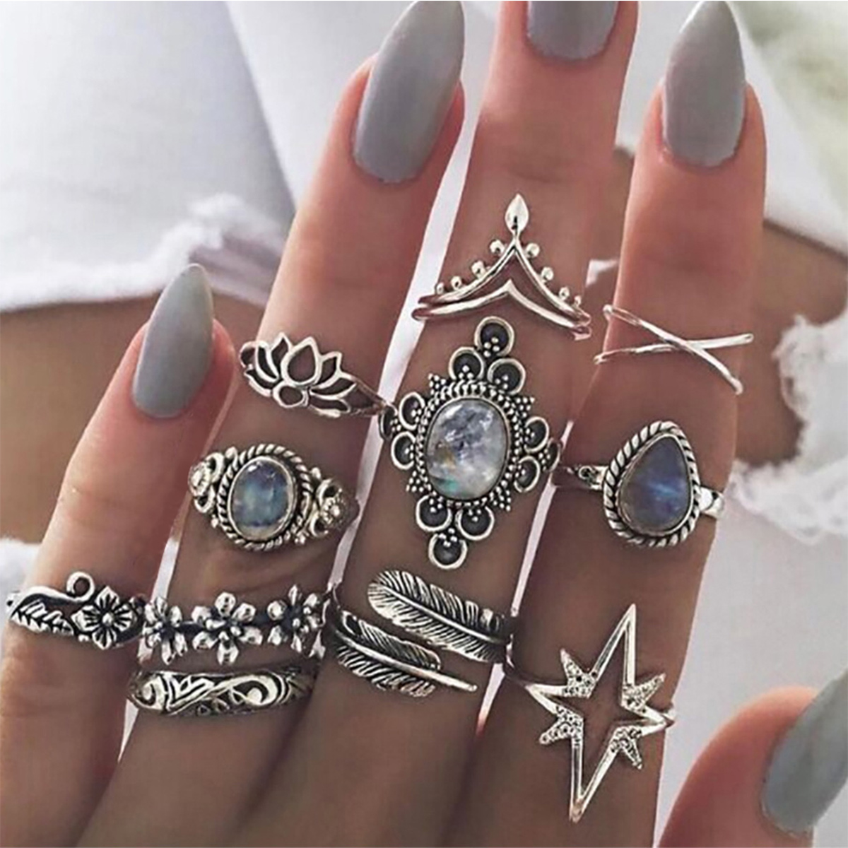 Silver Round Rhinestone Detail Alloy Ring Set | picture 