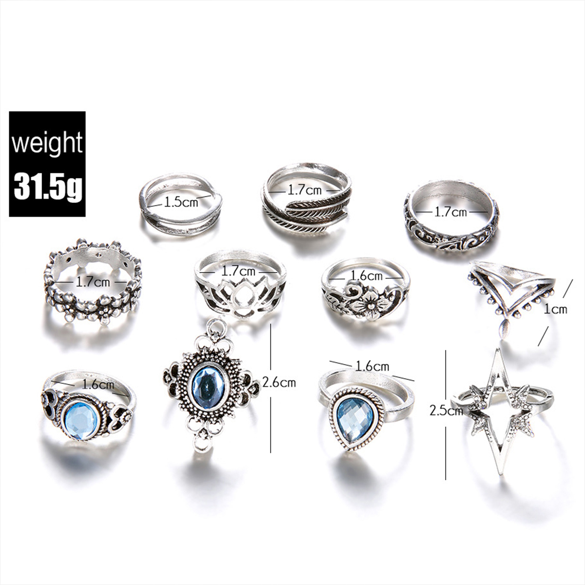 Silver Round Rhinestone Detail Alloy Ring Set | picture 