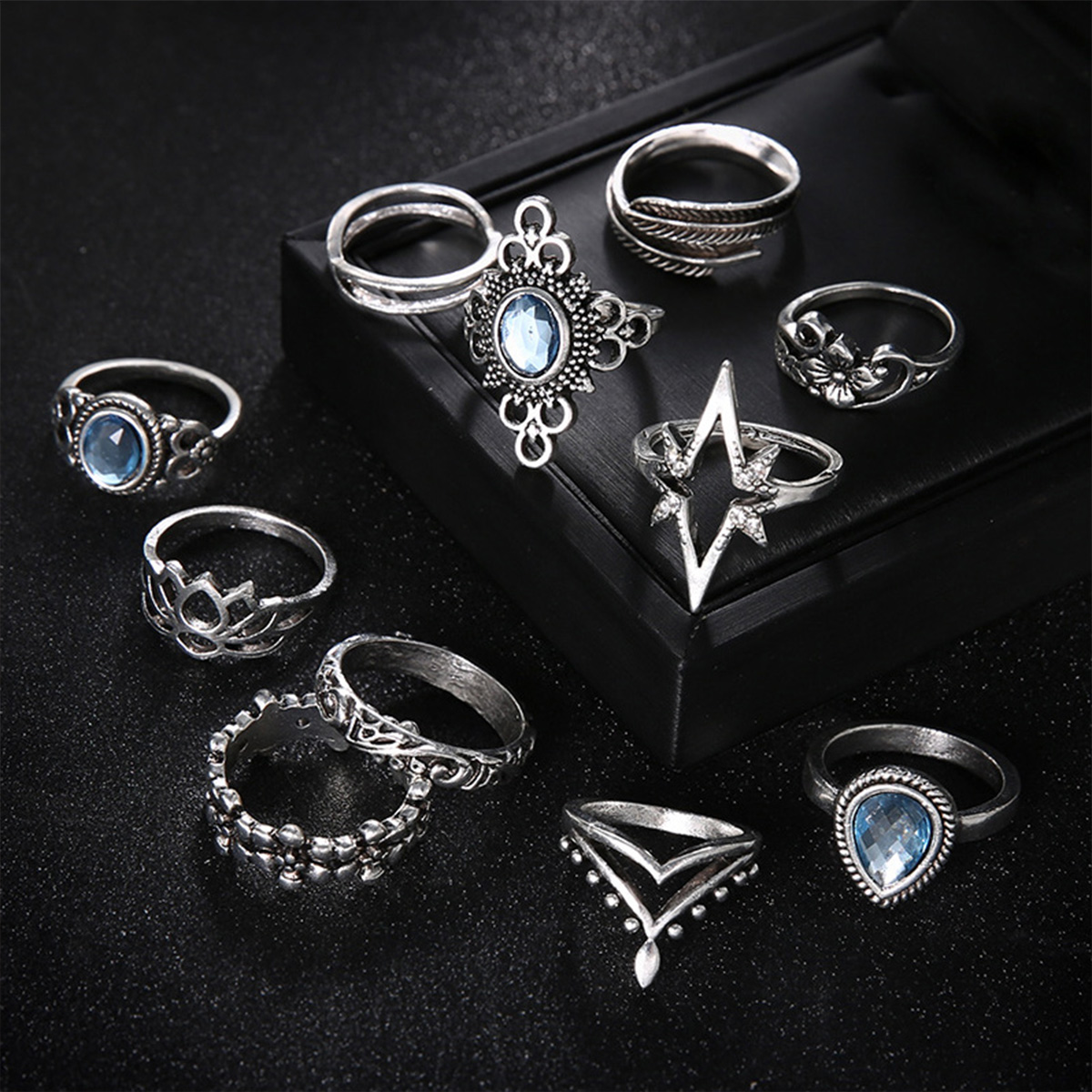 Silver Round Rhinestone Detail Alloy Ring Set | picture 