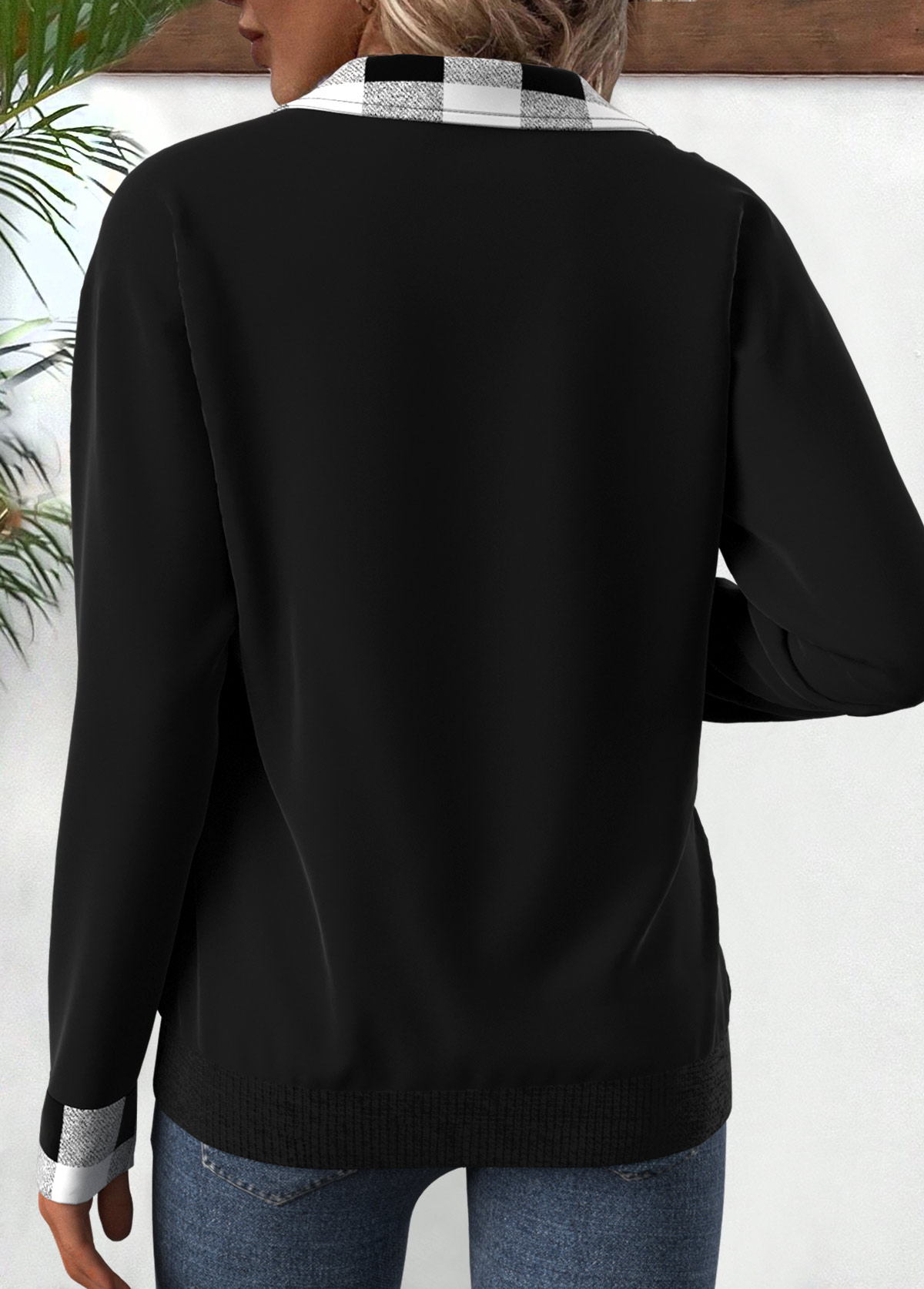 Plus Size Black Patchwork Plaid Long Sleeve Sweatshirt | picture 