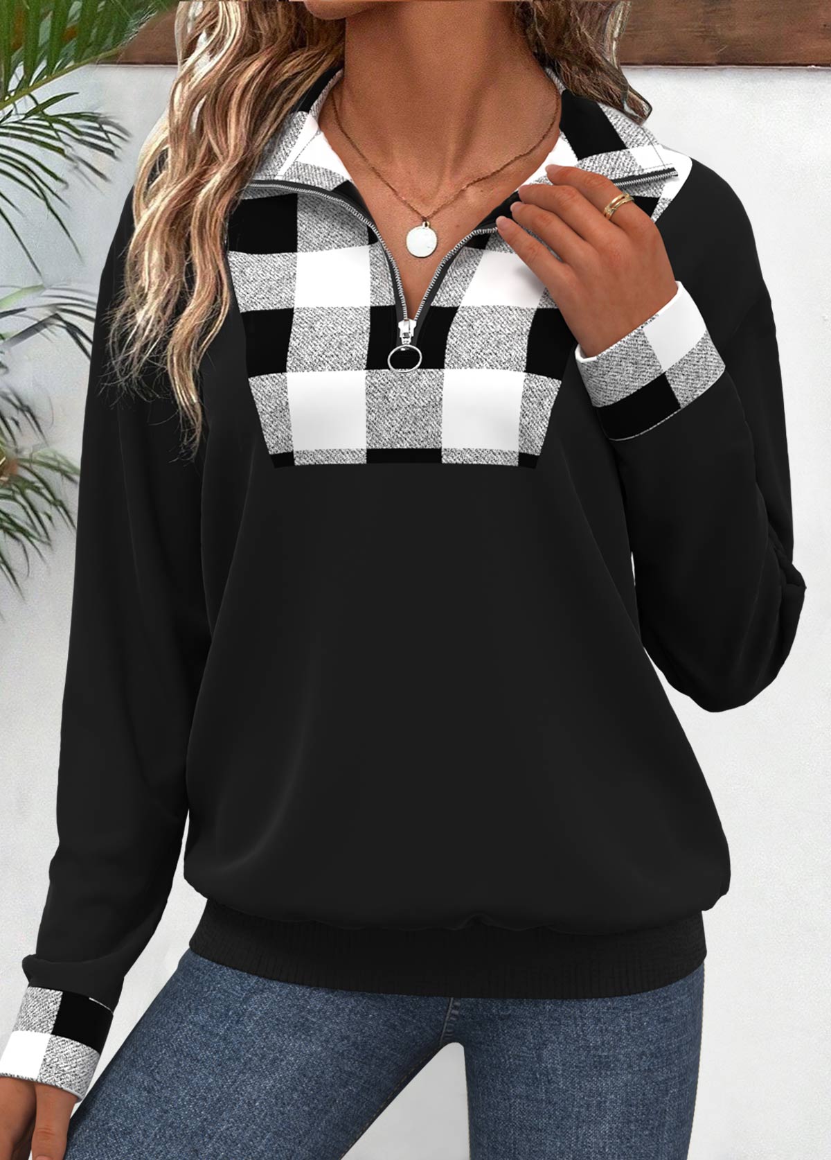 Plus Size Black Patchwork Plaid Long Sleeve Sweatshirt | picture 