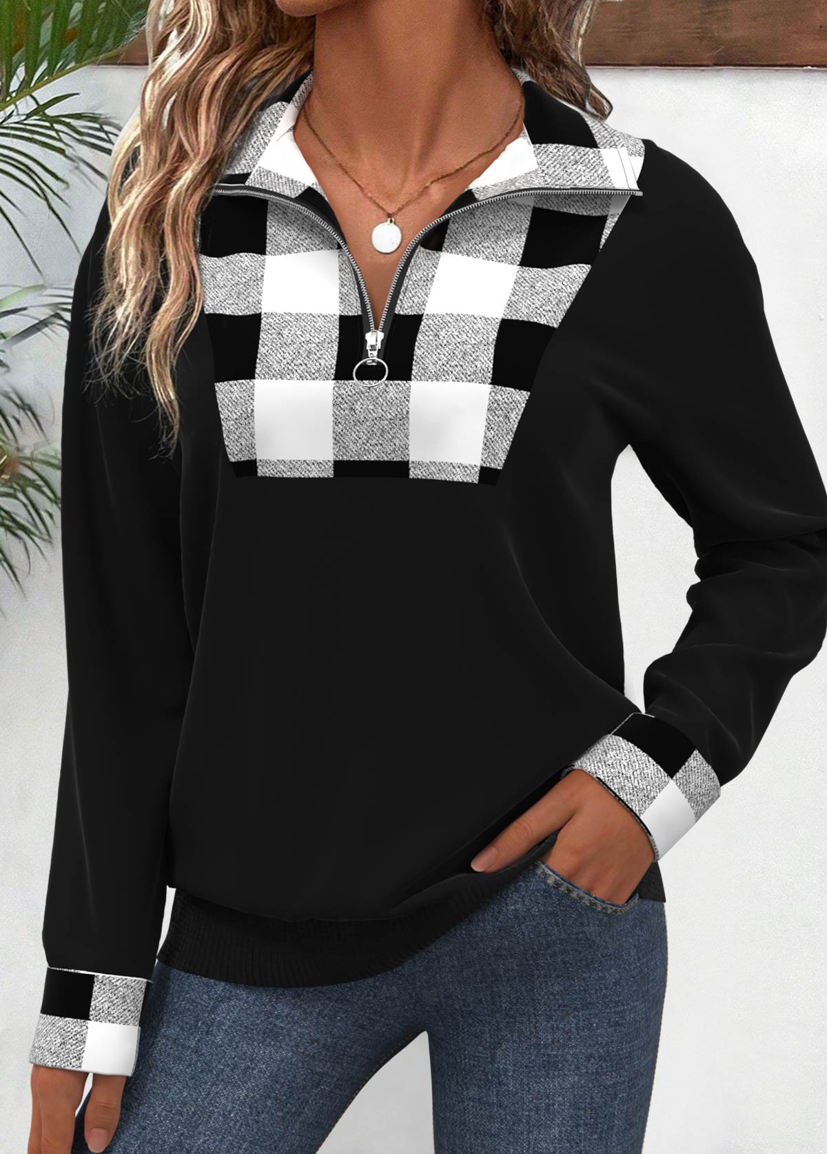 Plus Size Black Patchwork Plaid Long Sleeve Sweatshirt | picture 
