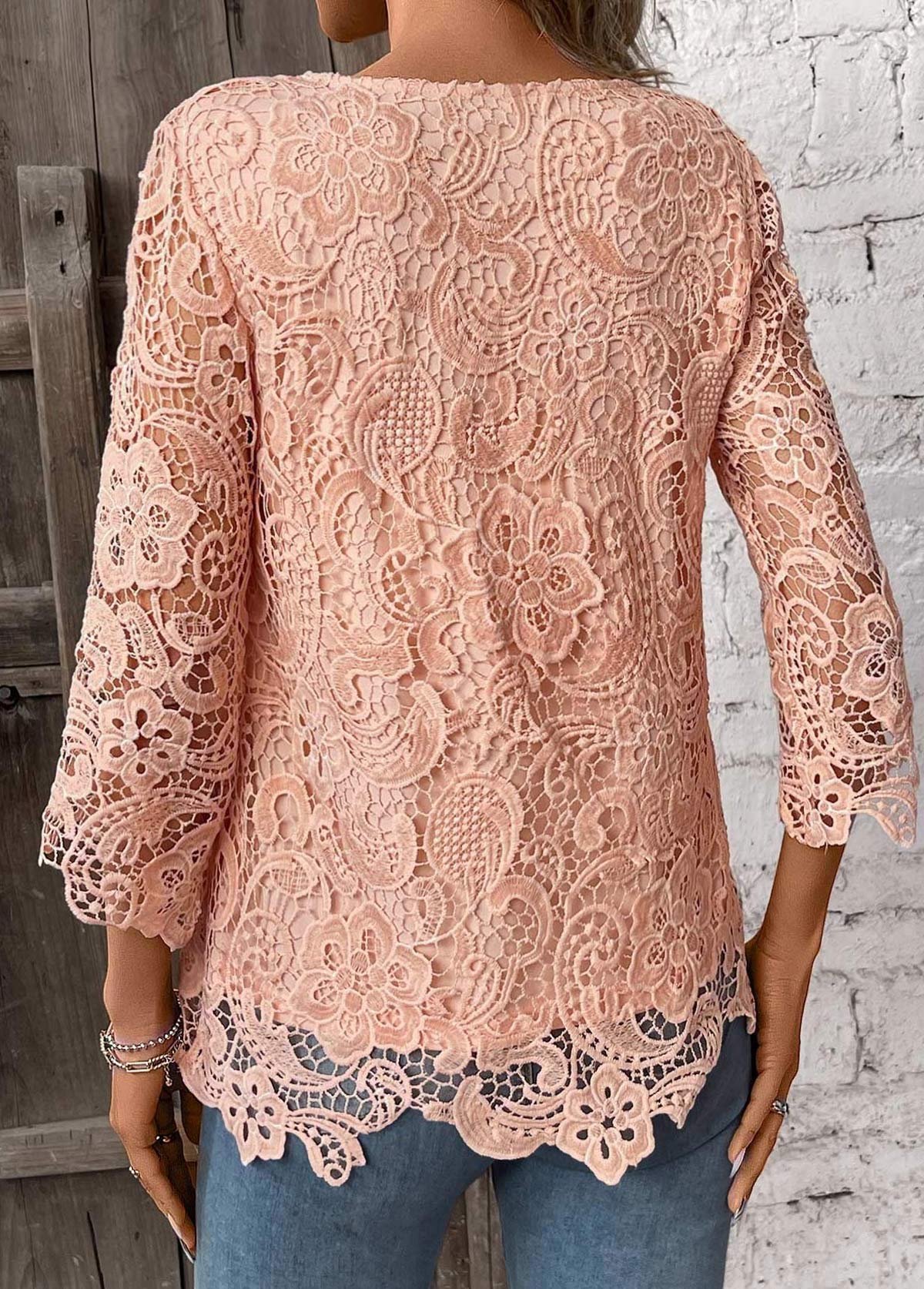 Light Pink Lace 3/4 Sleeve Round Neck T Shirt | picture 