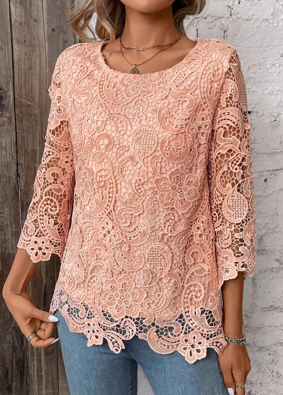 Light Pink Lace 3/4 Sleeve Round Neck T Shirt | picture 