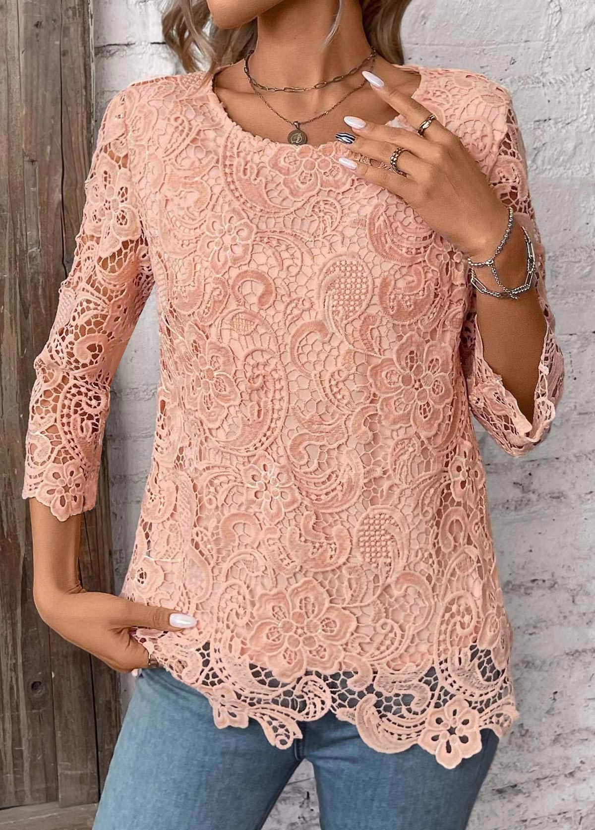 Light Pink Lace 3/4 Sleeve Round Neck T Shirt | picture 